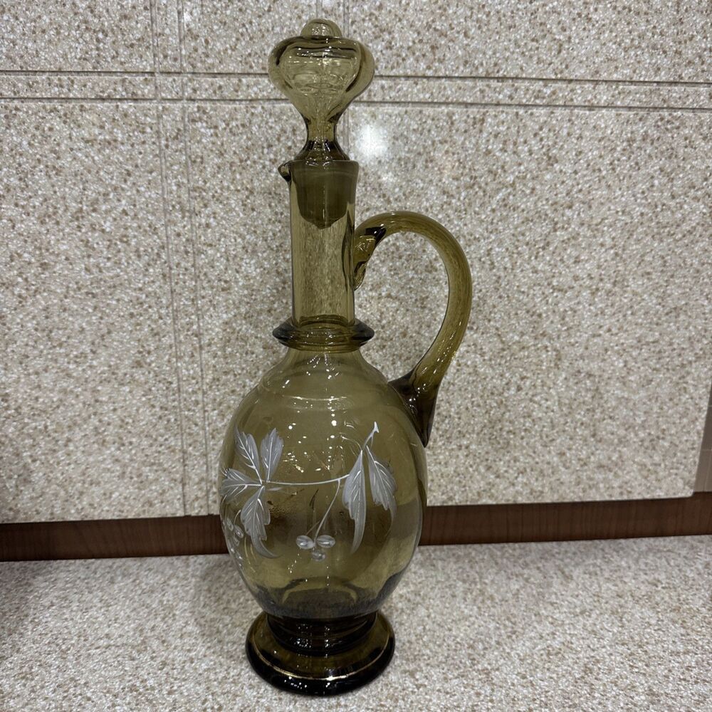 Vintage Smoke Glass Decanter MCM Gold Floral Design With Stopper